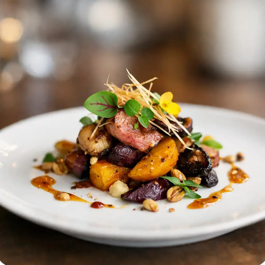 Artfully plated seasonal dish on white porcelain at The Luminary