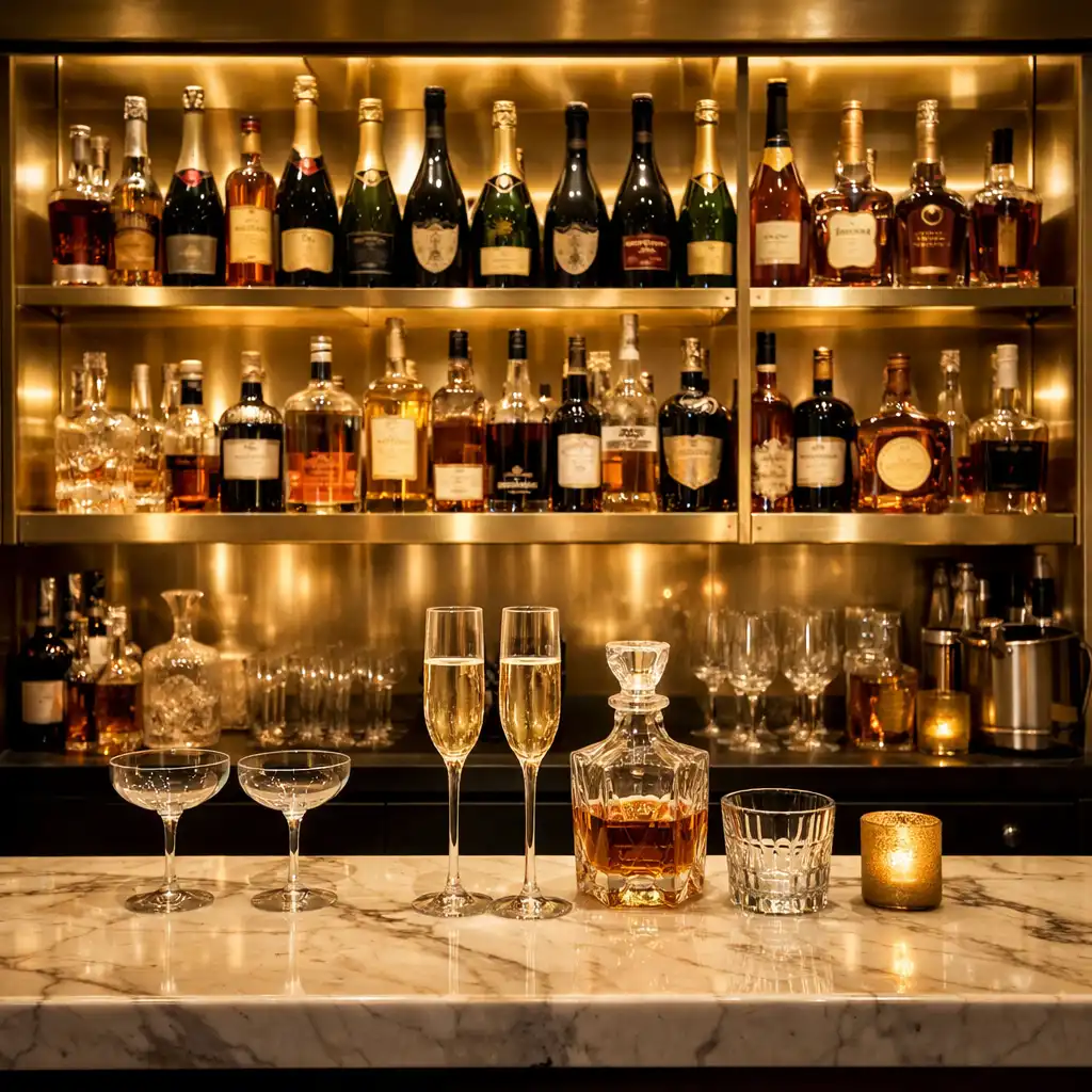 The Luminary champagne bar with backlit display of premium champagnes and spirits, brushed gold shelving and marble counter