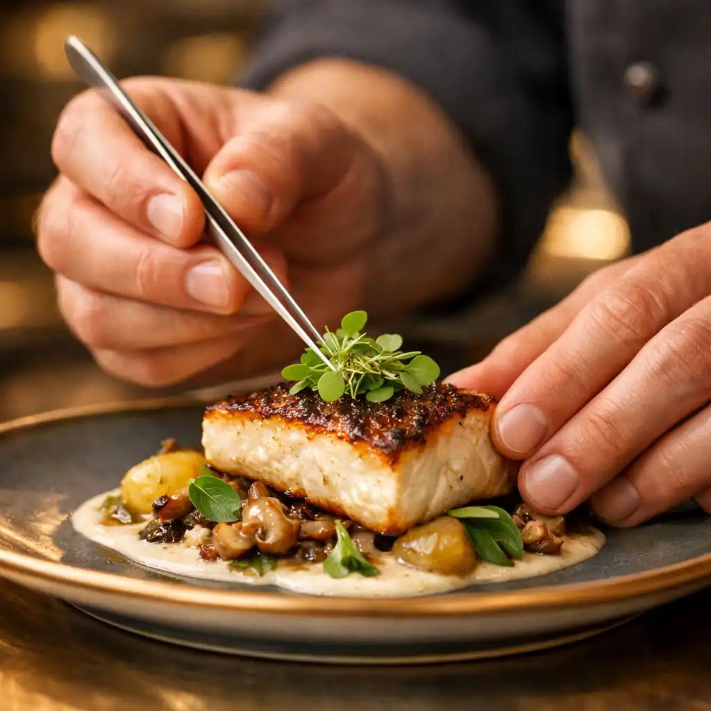 Chef's hands carefully plating a dish with tweezers in a professional kitchen