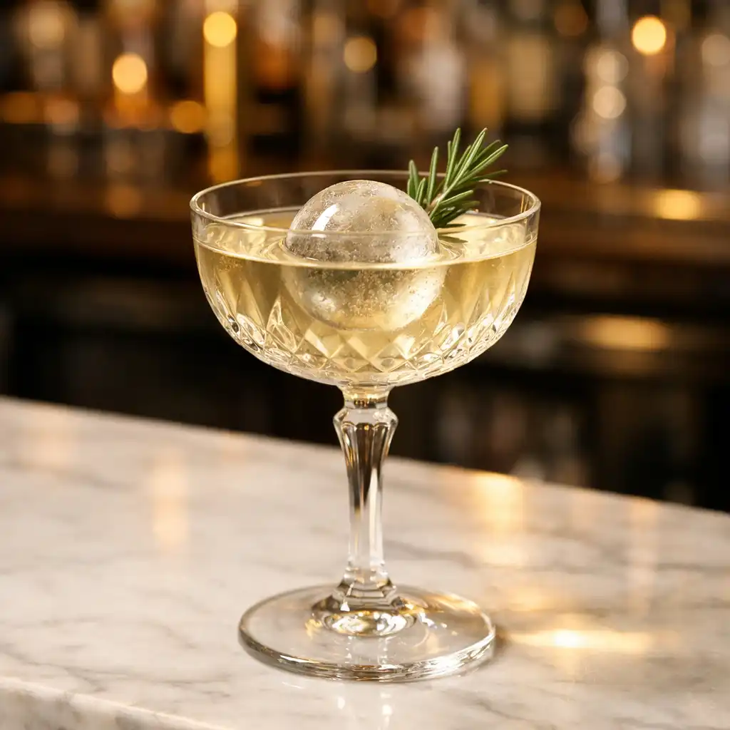 A craft cocktail in a crystal coupe glass on a white marble bar, with a clear ice sphere and botanical garnish.