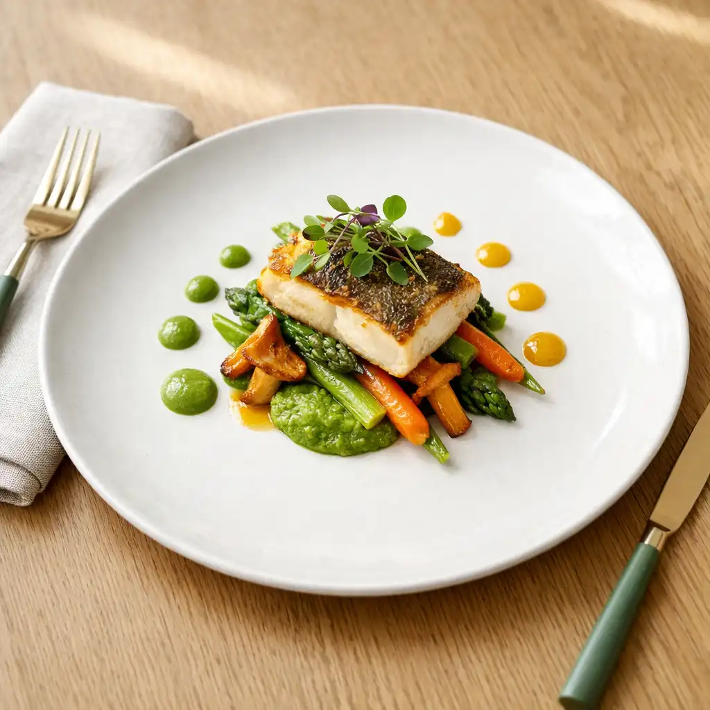 A beautifully plated contemporary British dish on a white ceramic plate, with seasonal vegetables and delicate sauce dots.