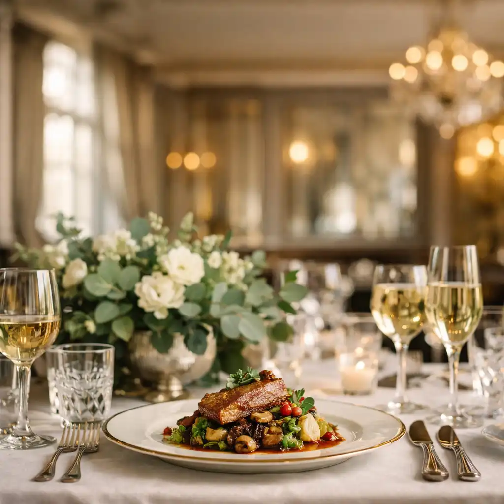 Elegant dining room at The Luminary with a beautifully set table and seasonal dish