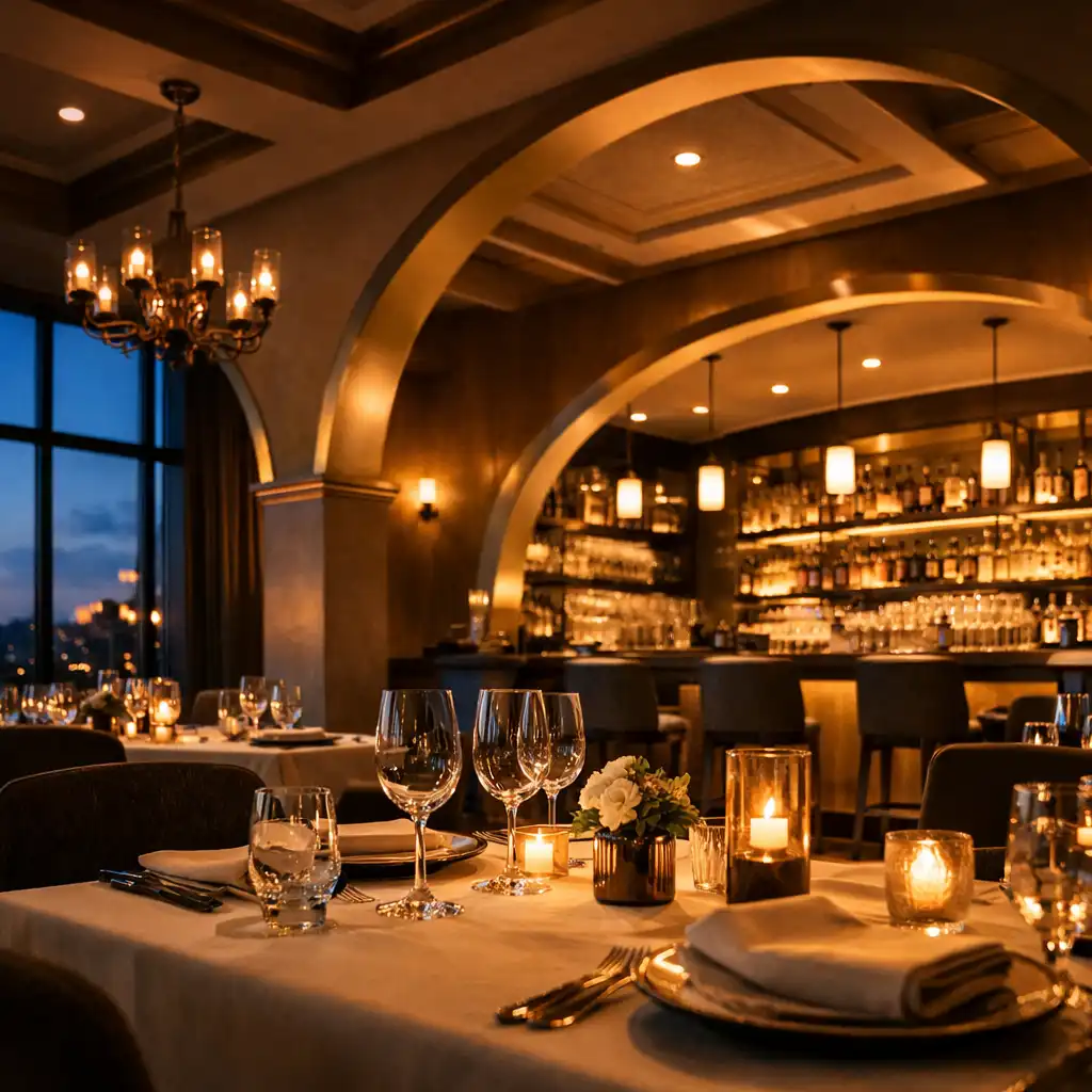 The Luminary dining room at dusk with warm ambient lighting and elegant table settings