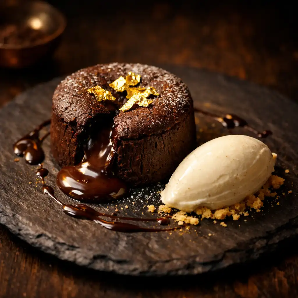 Chocolate fondant with gold leaf and vanilla ice cream quenelle on a slate plate