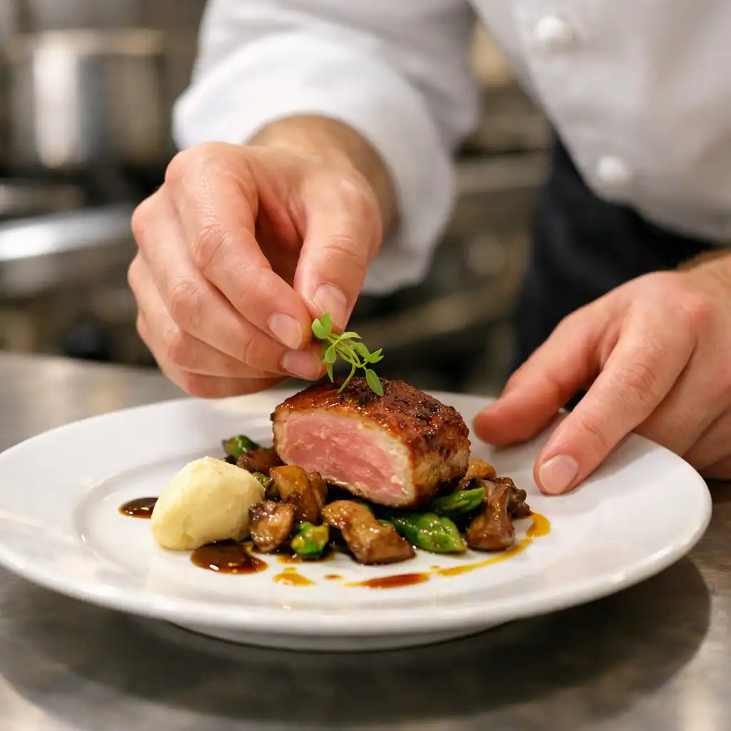 Chef's hands placing a garnish on a gourmet dish in a bright professional kitchen