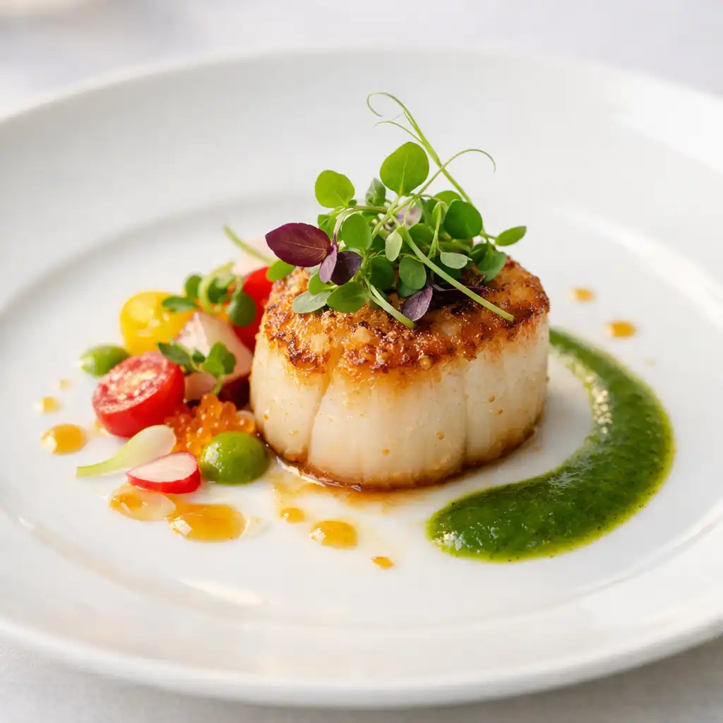 Signature dish with seared scallop, microgreens and delicate sauce on white porcelain