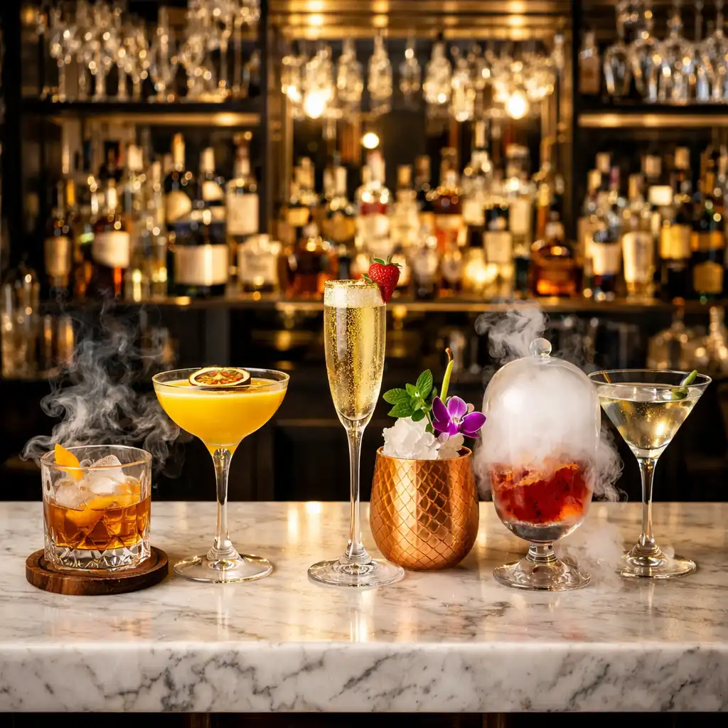 Marble champagne bar with signature cocktail presentations