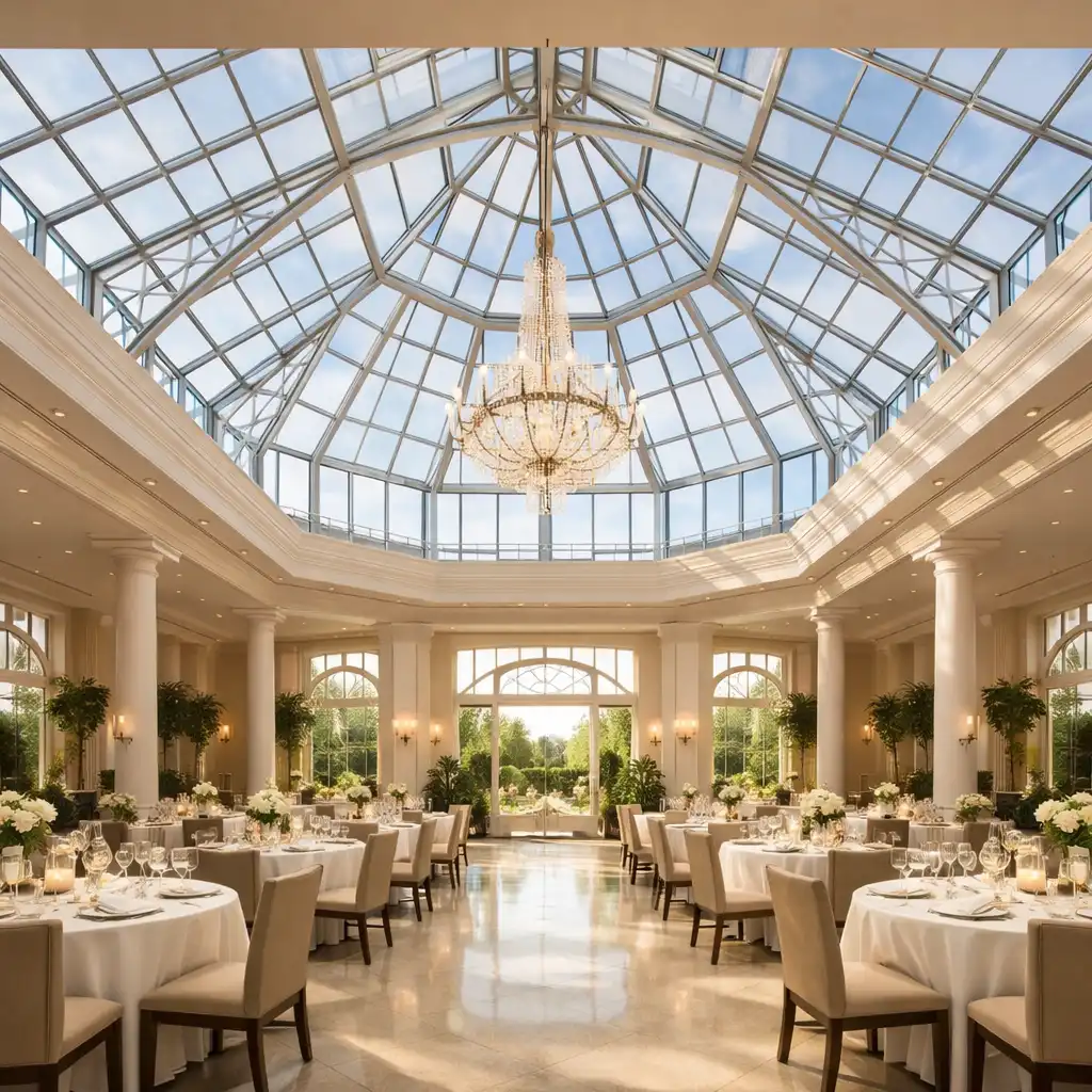 The Luminary's luminous dining room with high glass ceilings and natural light