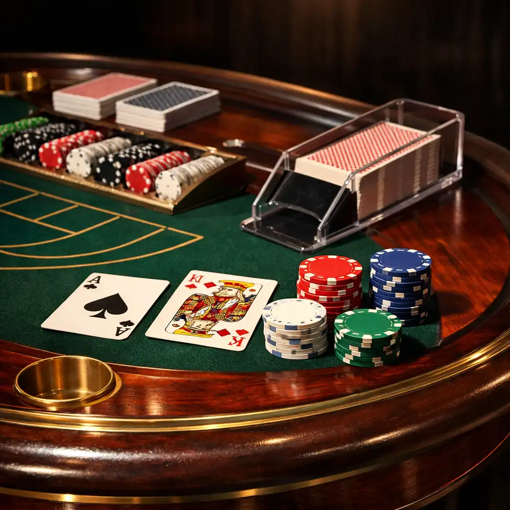 Polished mahogany and brass boutique casino gaming table