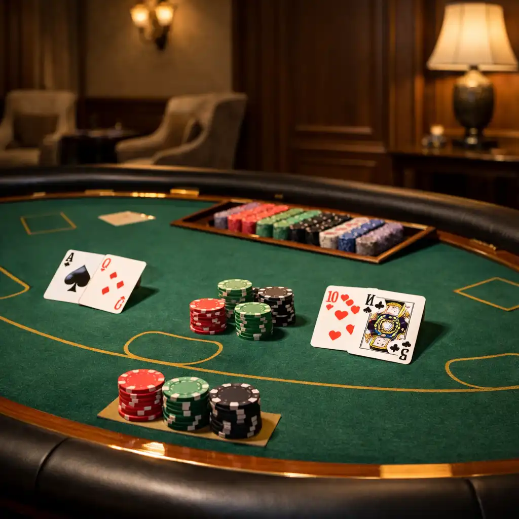 Blackjack table with cards and chips neatly arranged in a softly lit private salon