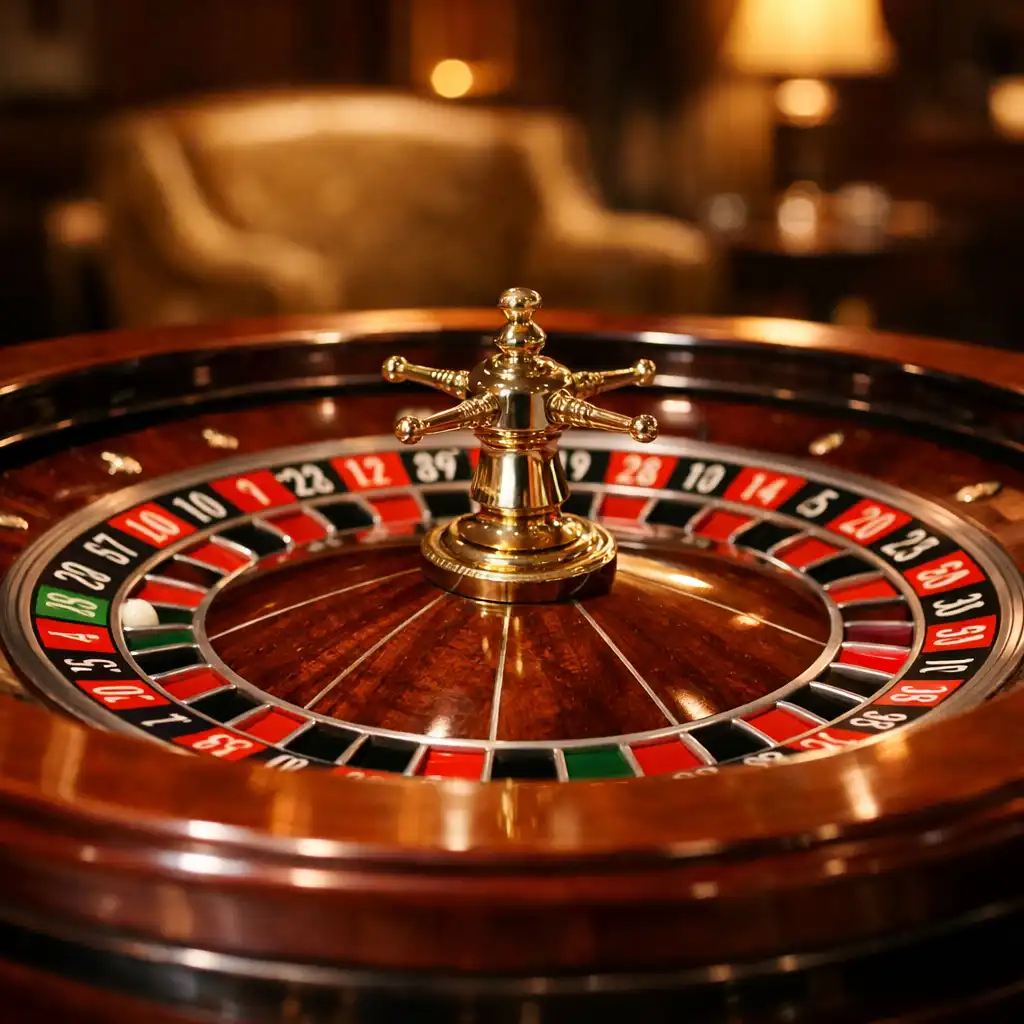 European Roulette wheel in a private salon with warm focused lighting and elegant furnishings