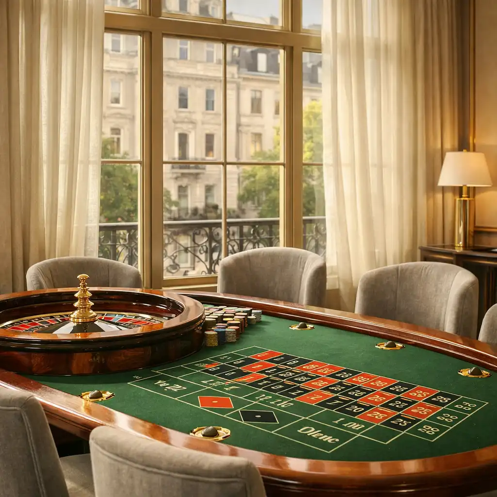 Elegant, light-filled private gaming salon with a European Roulette table and floor-to-ceiling windows
