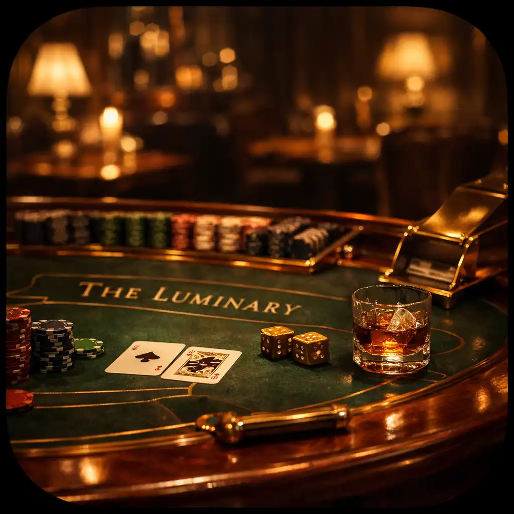 The Luminary's intimate gaming salon with polished mahogany and brass details