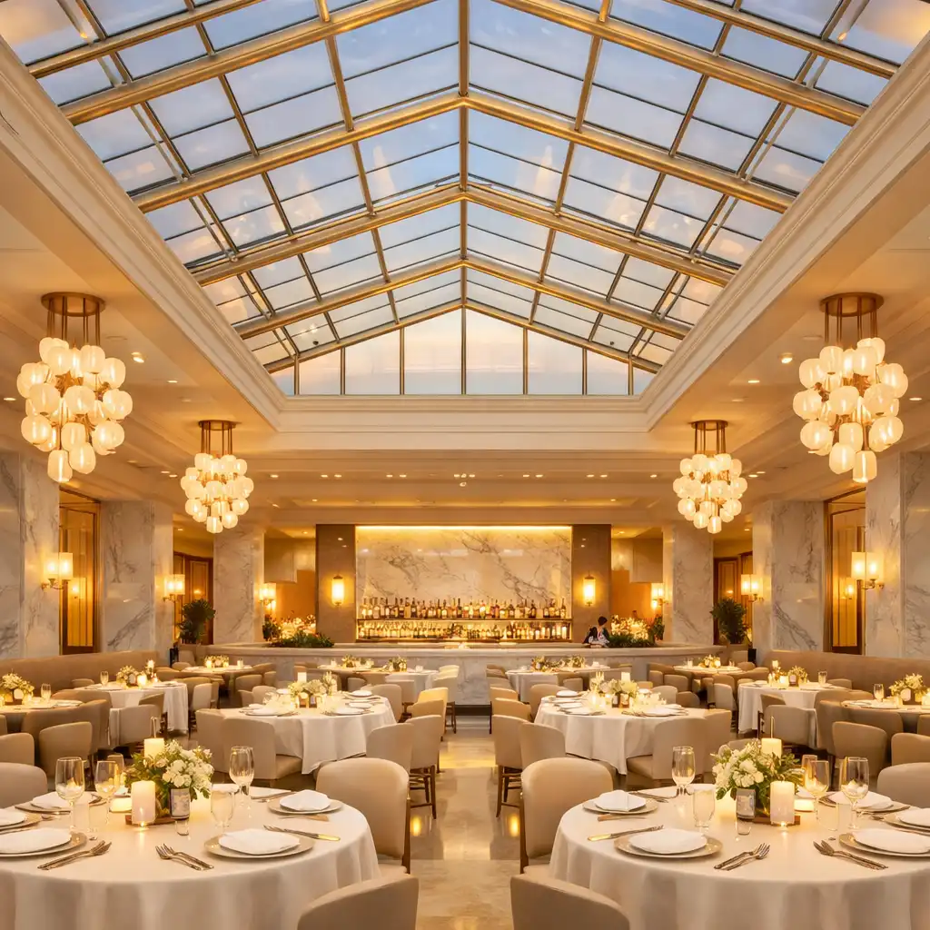 The Luminary's luminous dining room with high glass ceilings and marble surfaces