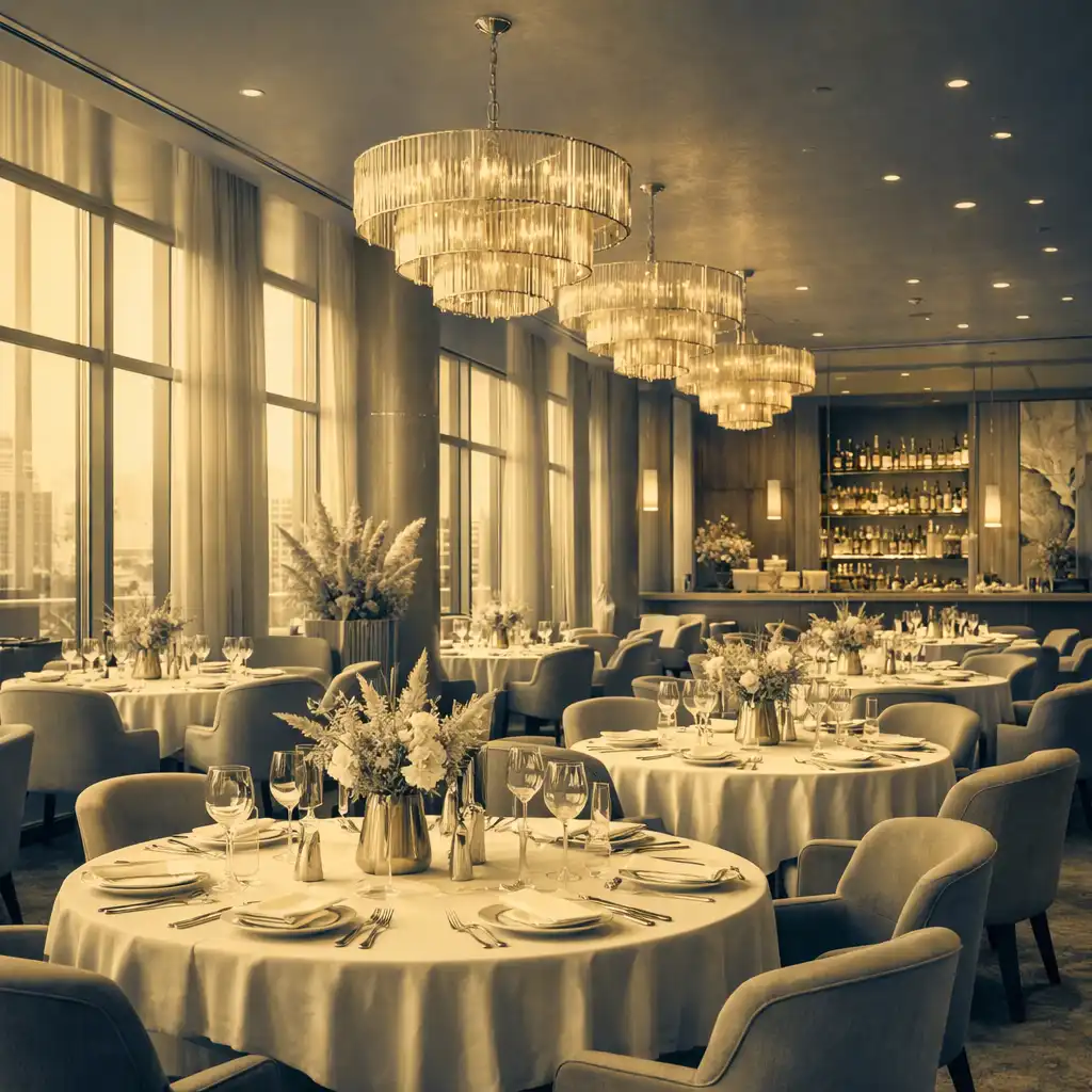 The Luminary's light-filled dining room with floor-to-ceiling windows and elegant table settings