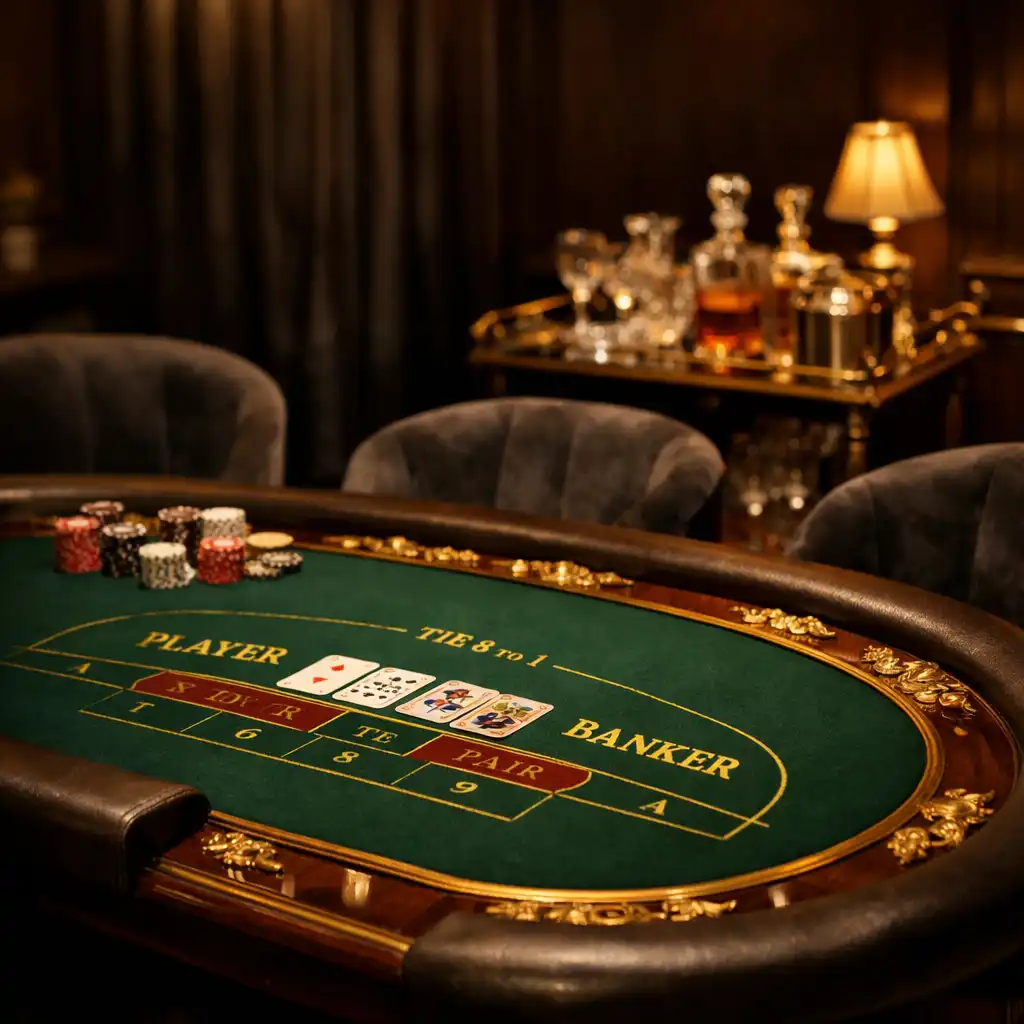 Private salon room with a Baccarat table, dimmed chandelier lighting, dark wood panelling, and a small bar cart