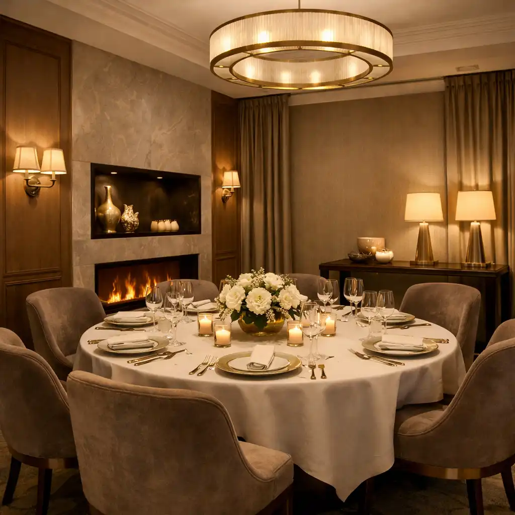 Private dining suite with round table set for six, upholstered chairs and a subtle fireplace in warm neutrals