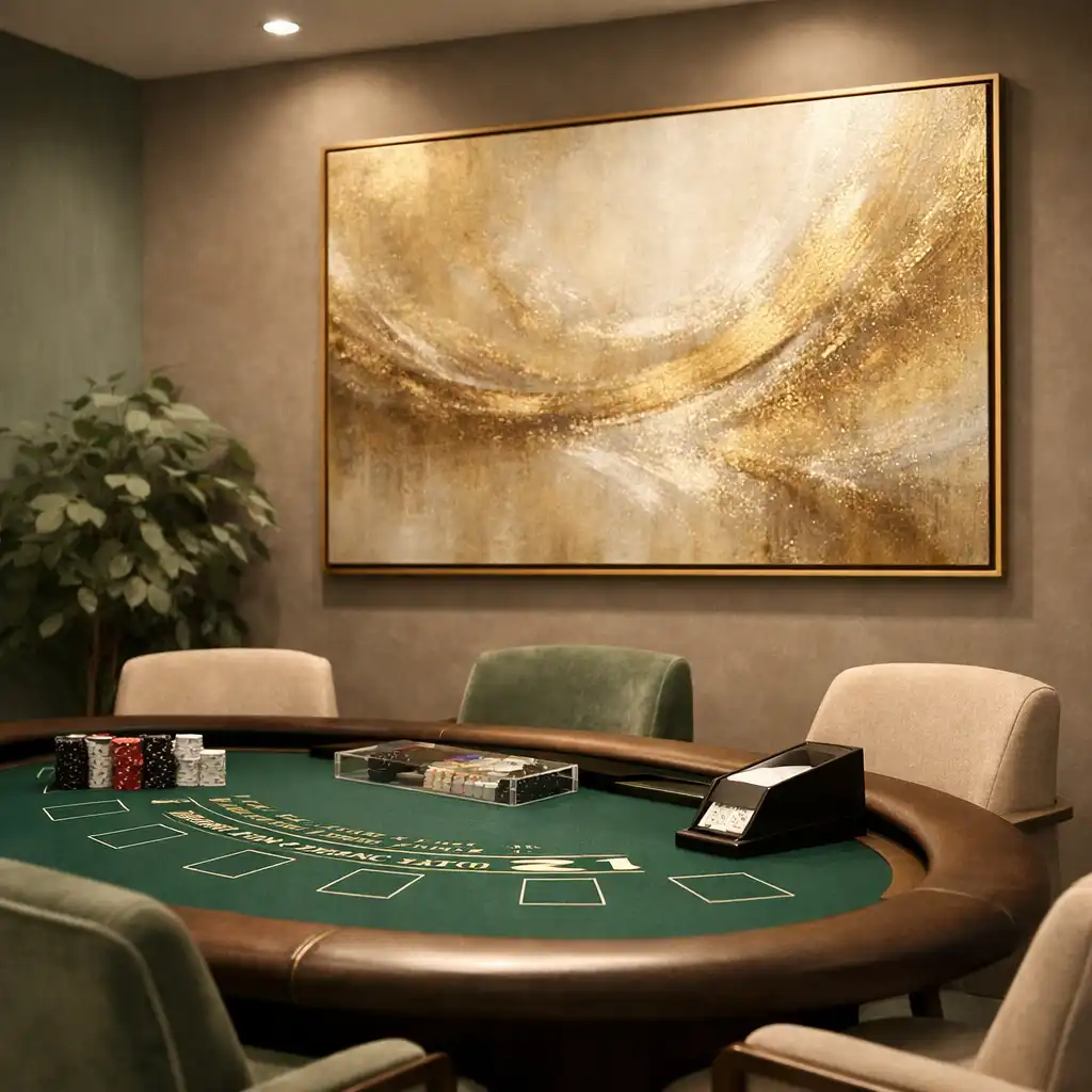 Modern minimalist boutique casino salon with a blackjack table, warm grey walls, and champagne-gold abstract art