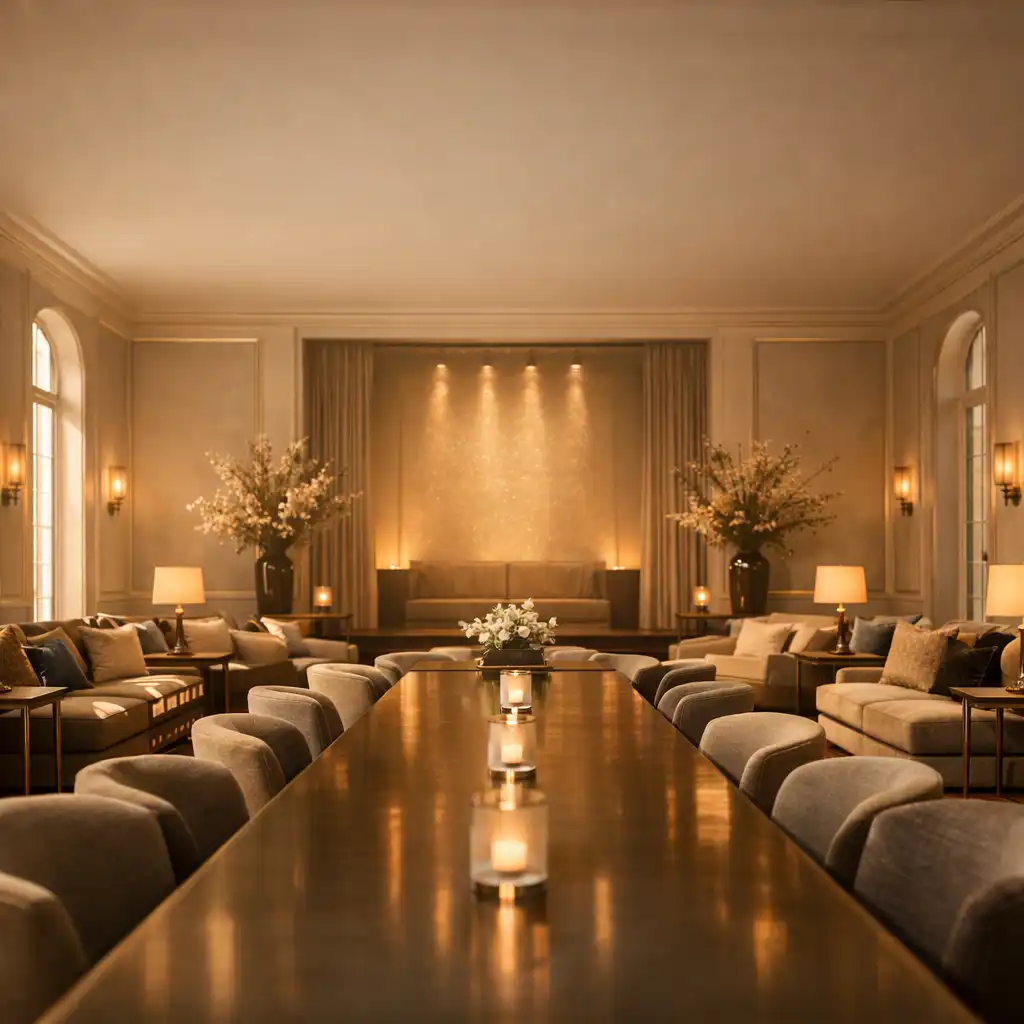 The Luminary lounge bathed in soft natural light, with warm porcelain walls, champagne gold accents, and elegant seating.